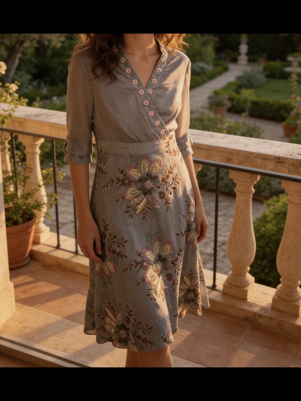 Wrap-Style Floral Embroidered Dress in Sage